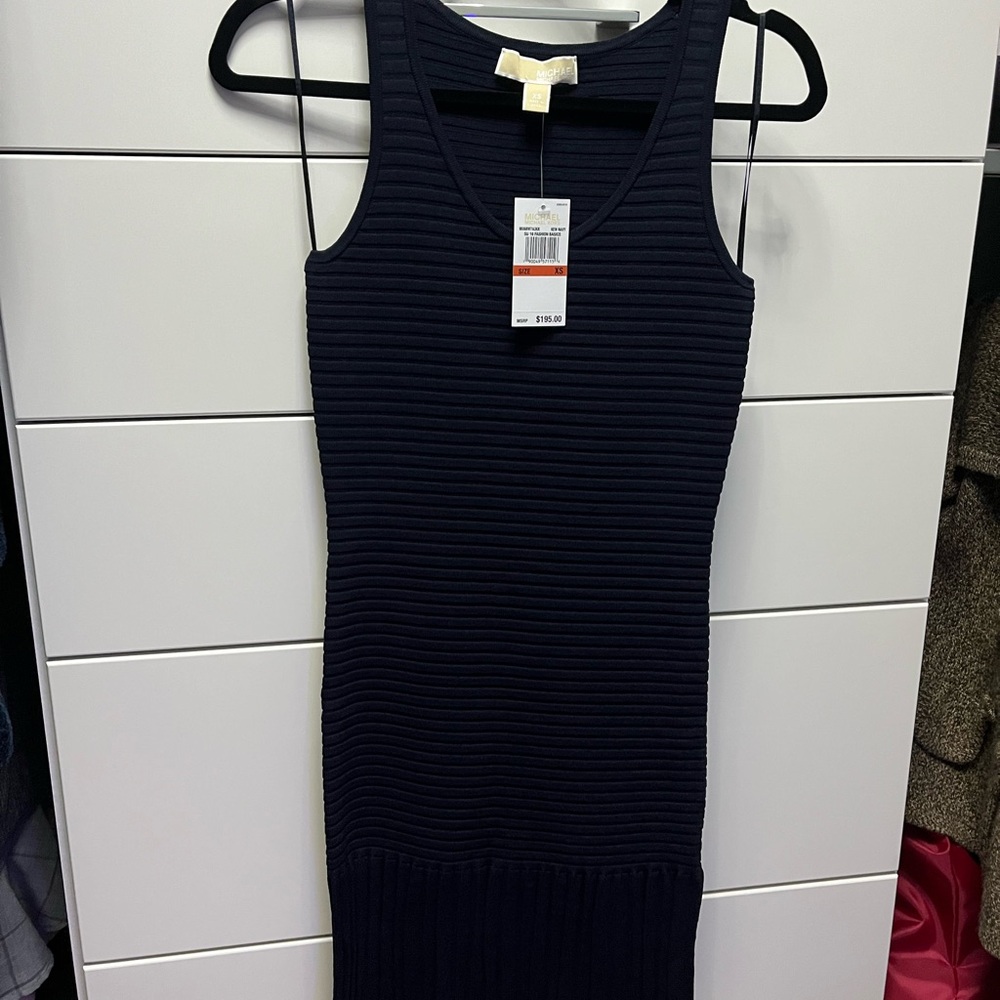 Michael Kors Blue Ribbed Sheath Midi Dress